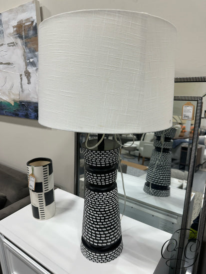 Black Base Table Lamp With White Markings Cream Shade