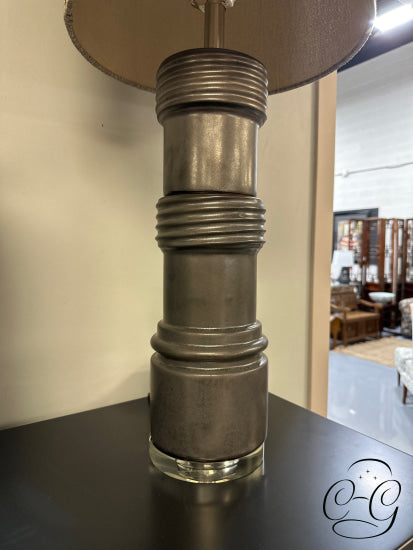 Charcoal Ceramic Base Table Lamp With Metallic Grey Long Drum Shade