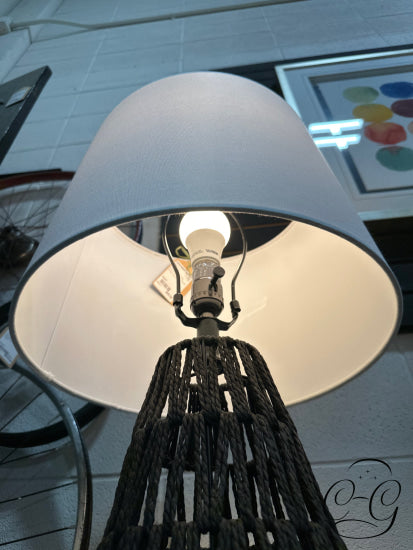 Charcoal Thin Rope Woven Base With Round White Shade Table Lamp
