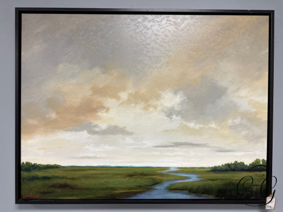 Embellished Landscape Green Meadow & River W/Gold Sky Artist: Victoria Jackson Picture