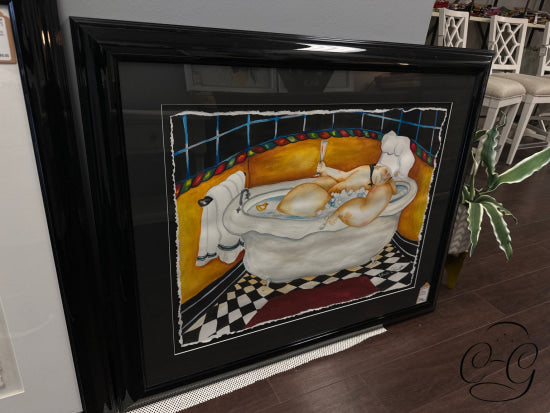 Jennifer Garant ’Chef Enjoying Glass Of Chamagne In Tub’ Artwork Black Frame