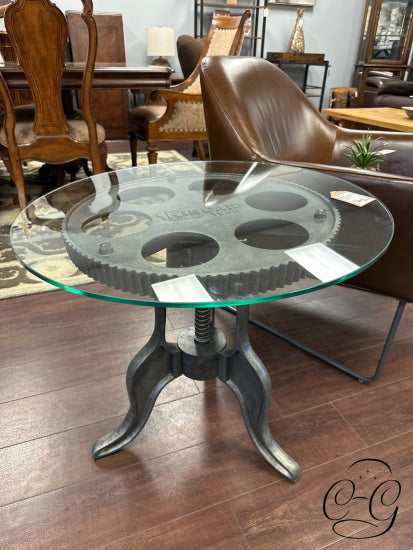Kincaid Round Glass Top Gear End Table With Wrought Iron Base