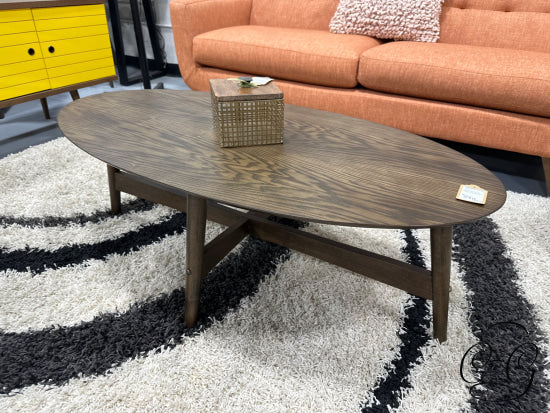Oval Medium Brown Coffee Table W/Cross Shaped Support Base