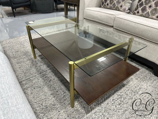 Rect. Glass Top Brown Wood Coffee Table W/Brushed Gold Base & Legs