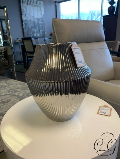 Roiund Silver Metal/Ceramic Vase With Line Pattern