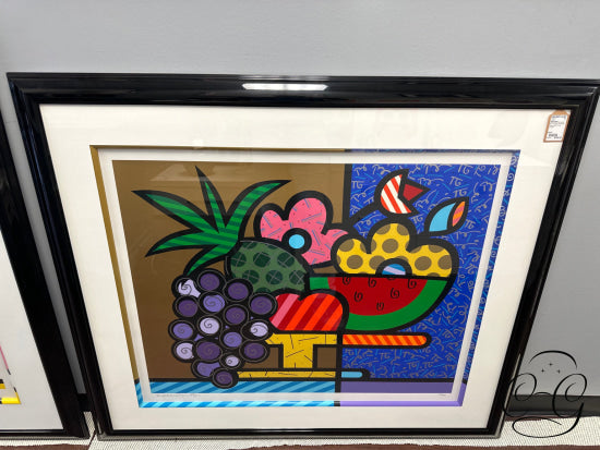 Romero Britto Silkscreen Art ’Fruit Bowl W/Grapes Glass Black Frame Artwork