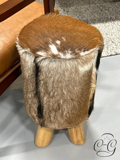 Round Brown Cow Hide Stool With 4 Blonde Finish Legs Home Decor