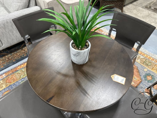 Round Dark Wood Top Accent Table W/Black Silver Metal Pedestal Base