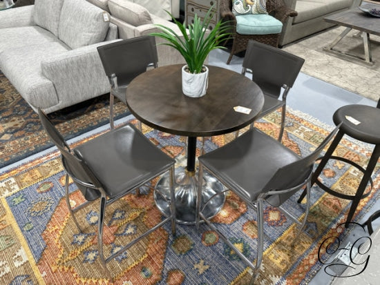 Round Dark Wood Top Accent Table W/Black Silver Metal Pedestal Base