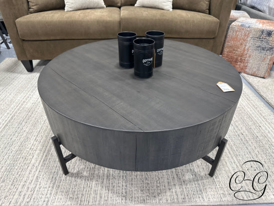 Rustic Grey Finish Round Coffee Table With Dark Metal Base