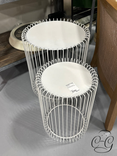 Set Of 2 Round White Wire Metal Accent Tables Table