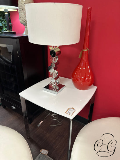 Square White Top End Table With Chrome Finish Base