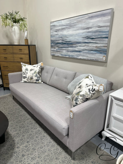 Stylus Light Grey Bench Seat Sofa W/3 Button Tufted Back Cushions Steel Legs