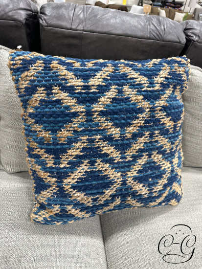 Woven Blue Teal Jute Toss Pillow With Cream Back