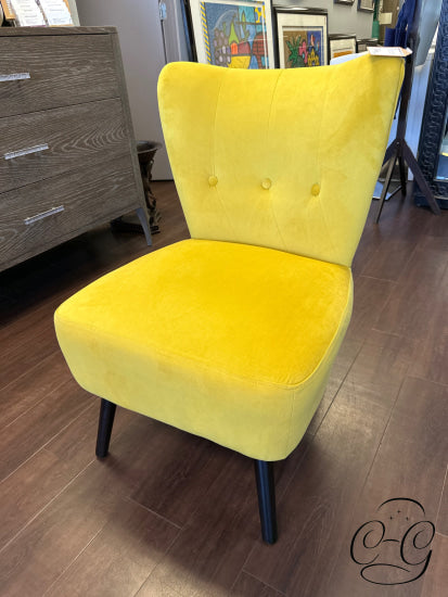 Yellow Velvet Slipper Chair With 3 Button Back Dark Tapered Legs
