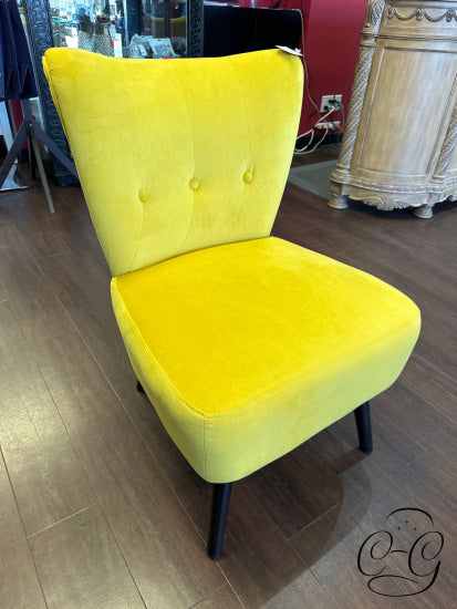 Yellow Velvet Slipper Chair With 3 Button Back Dark Tapered Legs