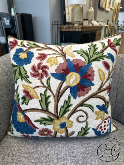 18’’ Square Wool Pillow Cover With Cream Background Blue Red & Green Flowers