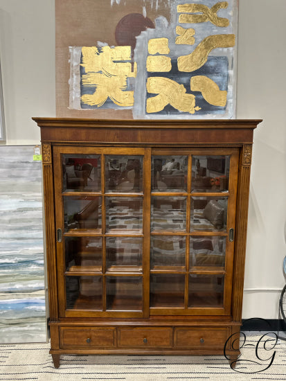 2 Sliding Door Cabinet W/3 Bottom Drawers Glass Insert Shelves Lighted 53x18x65’’ Cabinet
