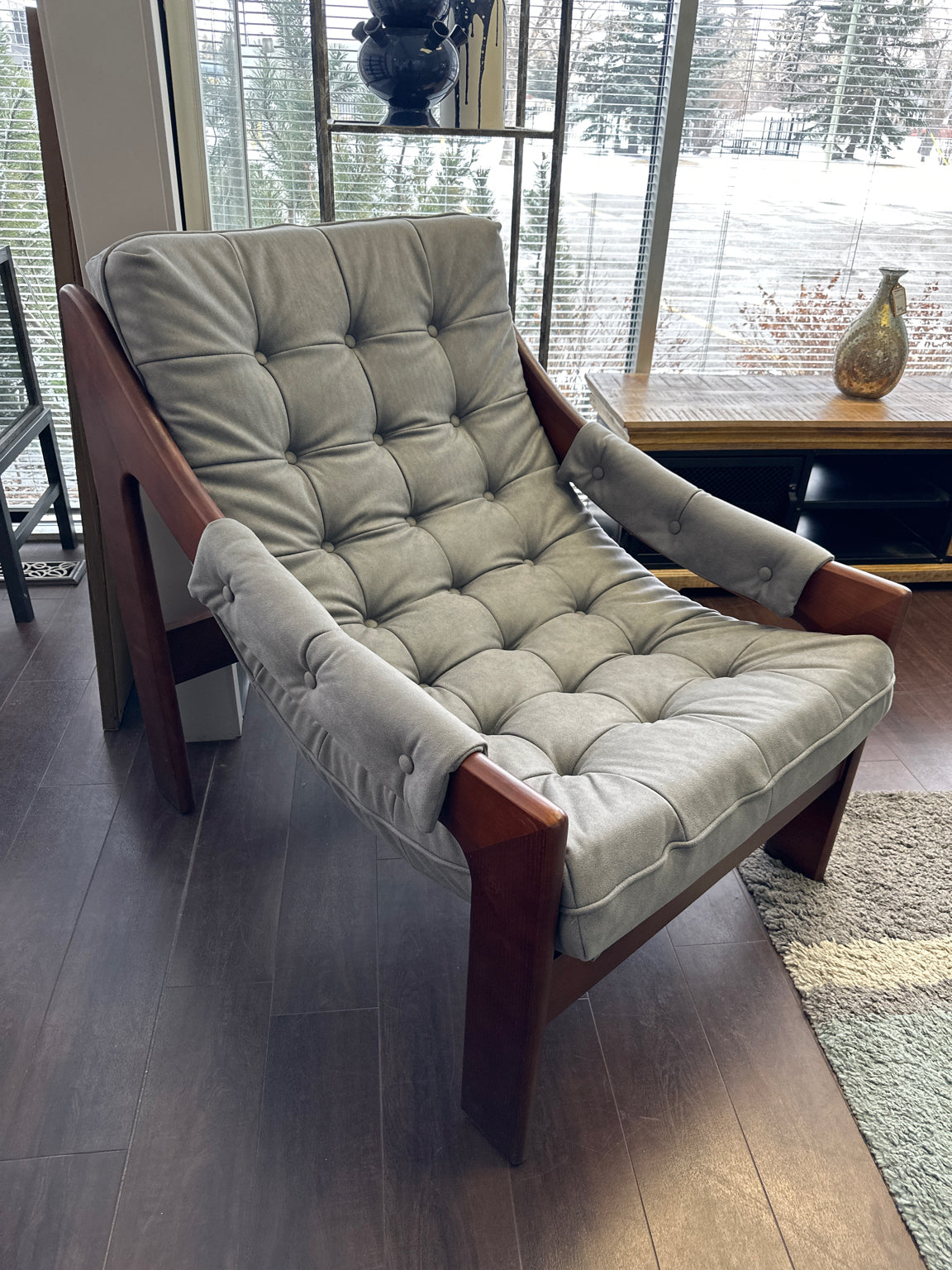 Tufted Grey Fabric "Sling" Chair W/Chestnut Finish Solid Wood Frame/Arms