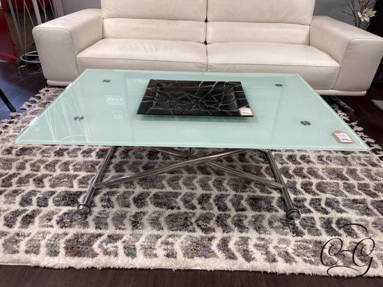 Adjustable Rectangular White Frosted Glass Coffee Table W/Stainless Steel Base