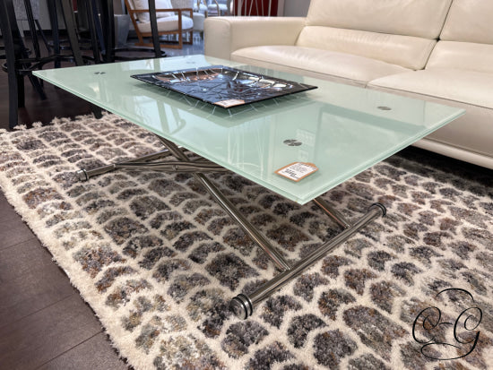 Adjustable Rectangular White Frosted Glass Coffee Table W/Stainless Steel Base