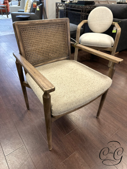 Aged Almond Finish Antique Style Cane Backed DNG Arm Chair W/Taupe Fabric Seat 24x24x33’’ Dining Arm Chair