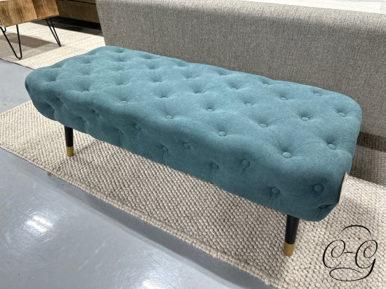 Aqua Fabric Bench With Button Tufting Black Legs W/Gold Accents