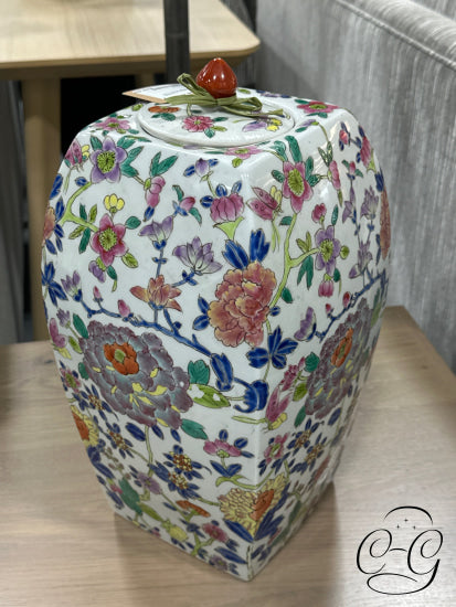 Asian Ceramic Flower Design Vase With Lid