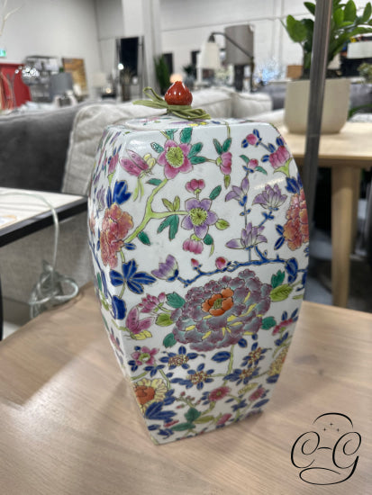 Asian Ceramic Flower Design Vase With Lid