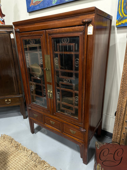 Asian Rosewood Display Cabinet W/2 Glass Doors & 3 Drawers