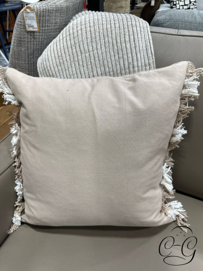 Beige White Toss Pillow With Fringe
