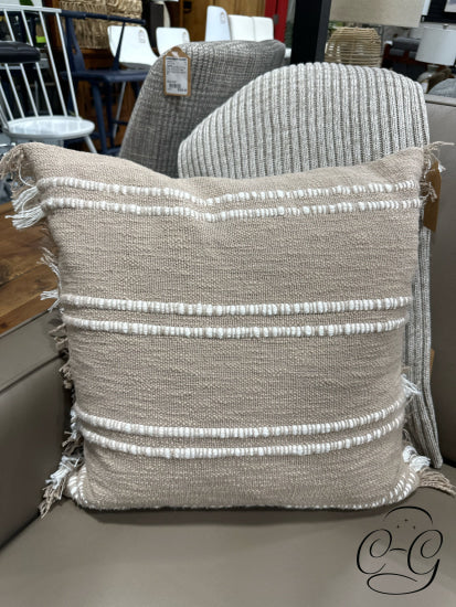 Beige White Toss Pillow With Fringe