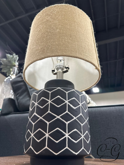 Black Ceramic Base Table Lamp With Geometric Pattern Natural Jute Shade