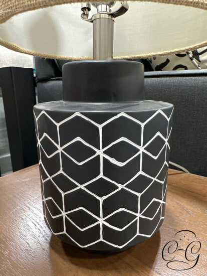 Black Ceramic Base Table Lamp With Geometric Pattern Natural Jute Shade