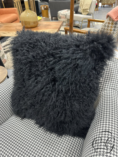 Black Large Mongolian Sheep Wool Toss Pillow