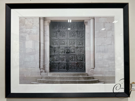 Black Metal Black/White Detailed Door Picture In Blk/Natural Wood Frame 43x33’’ Picture