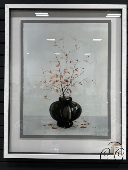 Black Pot With Red Flower And Branches Picture W/ White Frame