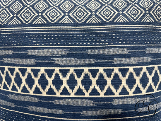 Blue/Beige Multi Pattern Toss Pillow W/Beige Fringe