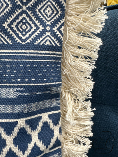 Blue/Beige Multi Pattern Toss Pillow W/Beige Fringe