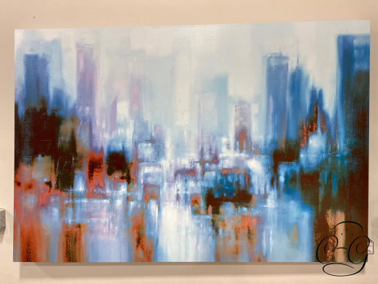 Blue Orange Abstract Canvas Cityscape Under Haze Artwork On