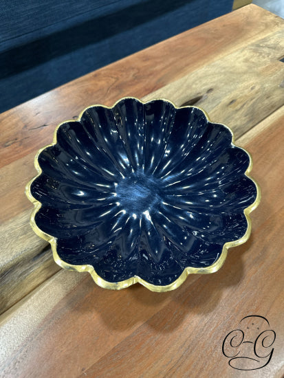 Blue Ribbed Design Dish W/Gold Metal Trim 10x2’’ Home Decor