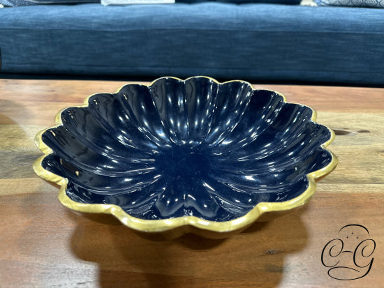 Blue Ribbed Design Dish W/Gold Metal Trim 10x2’’ Home Decor