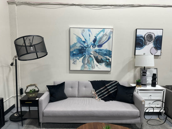 Blue White Abstract Flower Canvas Art Floating In Silver Frame Picture