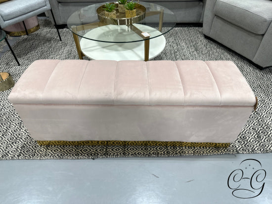 Blush Pink Velvet Storage Ottoman W/Panel Stitching Gold Faux Leather Base