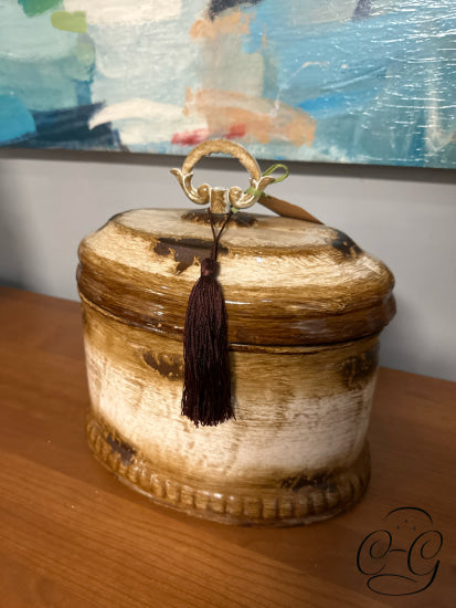 Brown & Cream Ceramic Container With Lid Tassel Home Decor