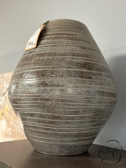Brown/Grey Clay Vase With Etched Lines