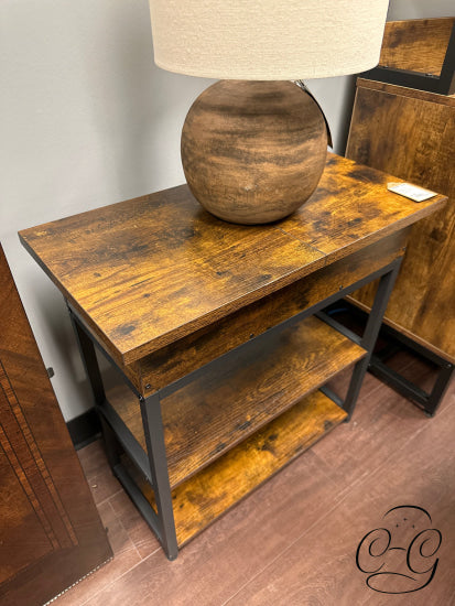 Brown Rustic Finish End Table With Flip Top Electrical