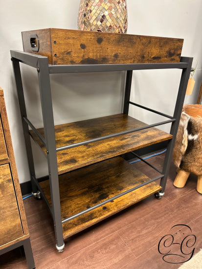 Brown Rustic Finish Kitchen Cart With Removable Tray Metal Frame On Castors