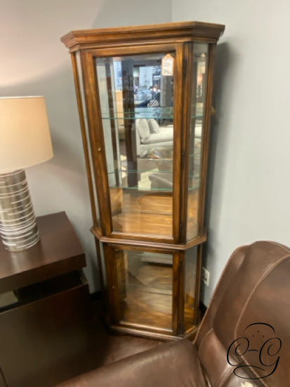 Brown Wood & Glass Curio Cabinet With 3 Shelves Lighted