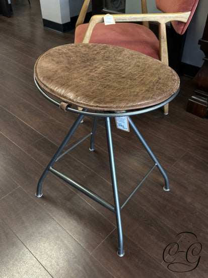 Brushed Platinum Finish Metal Base Backless Counter Stool W/Distressed Brown Pad Height